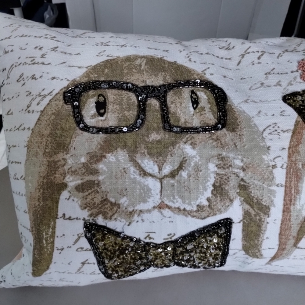 Snuggle Bunny Graphic Beaded Rabbits Cursive Blessed Accent Pillow White Peach - Picture 2 of 15